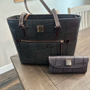Dooney & Bourke Black Croc Embossed Tote and Wallet Set